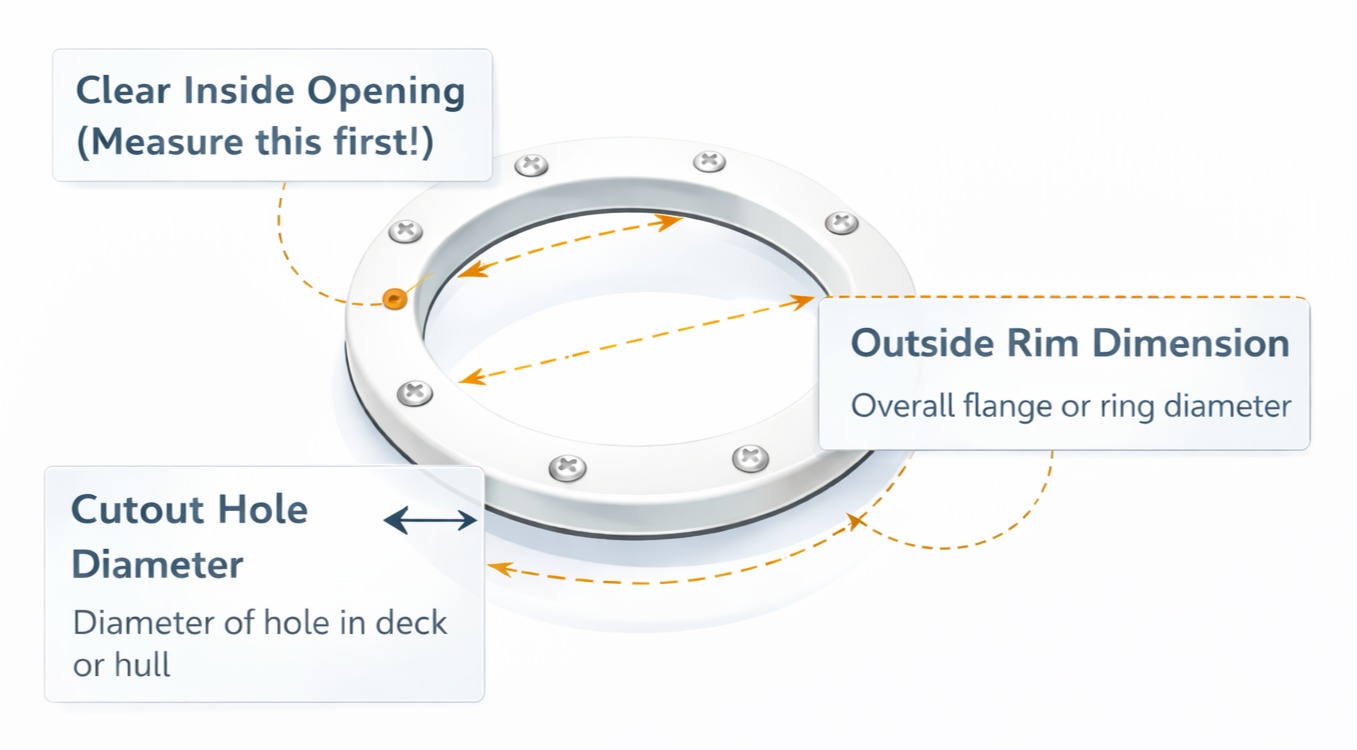 Inspection port measurement diagram showing the clear inside opening, outside rim dimension, and cutout hole diameter.